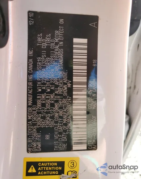 2011 Lexus Rx 350 из США, поврежденный, VIN 2T2BK1BA7BC097247